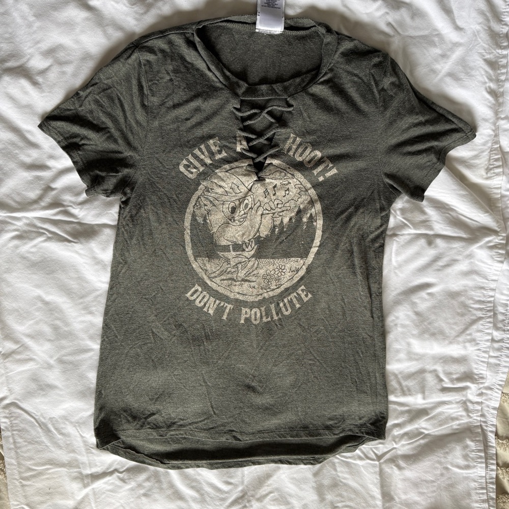Women's Olive Green Graphic Lace-Up Tee - Give a Hoot Don't Pollute